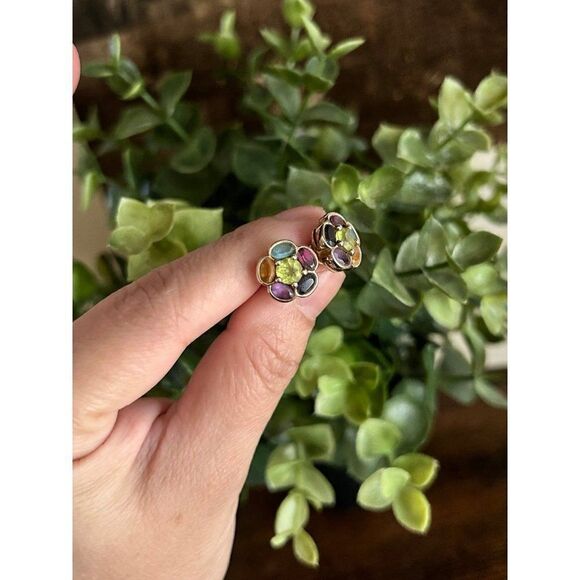 925 Gold Multicolor Stones Stud Earrings - Picture 6 of 7